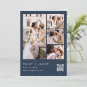 ネイビーブルーミニマリスト写真QRコードホワイト結婚ズ 招待状 (スタンド正面)