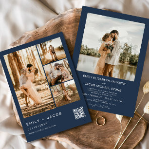 ネイビーブルーミニマリスト5枚フォトQRコー結婚ド 招待状