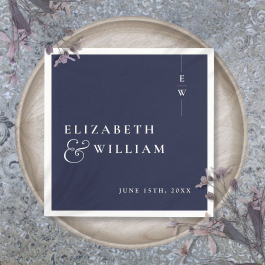 ネイビーブルーミニマルエレガントリストモノグラ結婚ム スタンダードカクテルナプキン