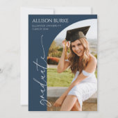 ネイビーブルーミニマルミニマリスト写真アーチ卒業 案内状 (正面)