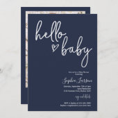 ネイビーブルーミニマルモダンリストボホベイビーシャワー 招待状 (正面/裏面)