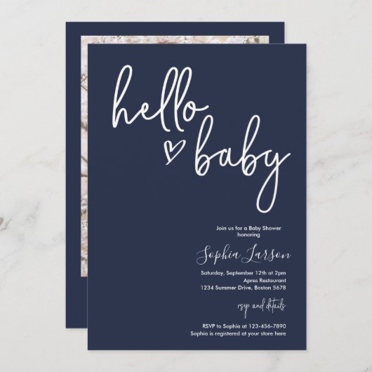 ネイビーブルーミニマルモダンリストボホベイビーシャワー 招待状 (正面/裏面)