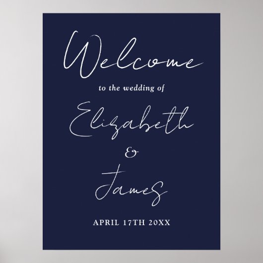 ネイビーブルーミニマル結婚リストスクリプトのウェルカムサイン ポスター (正面)