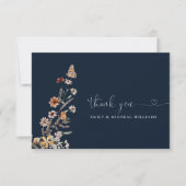 ネイビーブルーミニワイルドフラワー結婚ズフラット サンキューカード (正面)