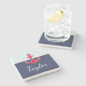 ネイビーブルーミントストライプいかりレッドパーソナライズされた ストーンコースター (横)