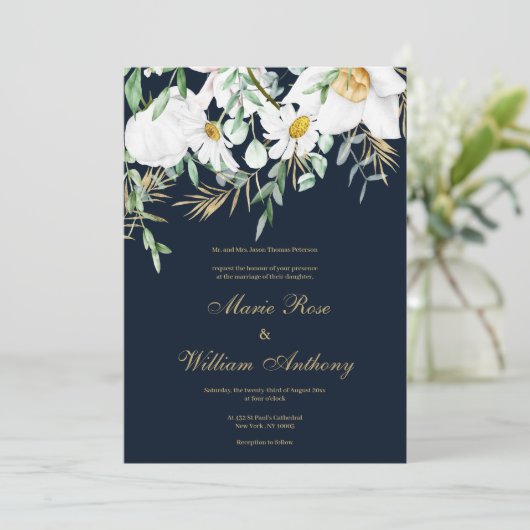 ネイビーブルーミントホワイト金ゴールドデイジー結婚フローラ 招待状 (スタンド正面)