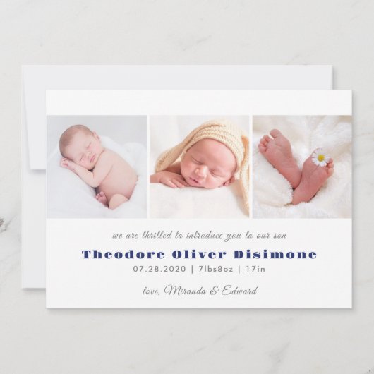 ネイビーブルーミート男の赤ちゃんフォトコラージュ誕生Announ 案内状 (裏面)