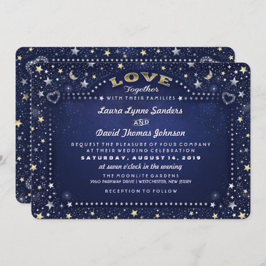 ネイビーブルームーンスターズと家族招待状 招待状 (正面/裏面)