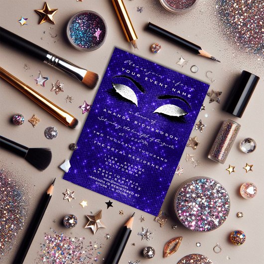 ネイビーブルーメイクアップホワイトスパークリーグリッター16ブライダル 招待状