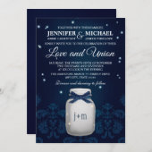 ネイビーブルーメイソンジャーと蛍結婚光灯 招待状 (正面/裏面)