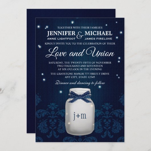 ネイビーブルーメイソンジャーと蛍結婚光灯 招待状 (正面/裏面)