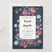 ネイビーブルーメイブピンクフローラカントリー結婚シック 招待状 (正面)