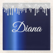 ネイビーブルーメタリックシルバースパークルパーソナライズされた ガラスコースター (正面)