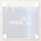 ネイビーブルーメタリックシルバースパークルパーソナライズされた ガラスコースター (裏面)