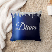 ネイビーブルーメタリックシルバースパークルパーソナライズされた クッション (ブランケット)