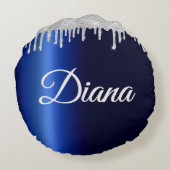 ネイビーブルーメタリックシルバースパークルパーソナライズされた ラウンドクッション (裏面)