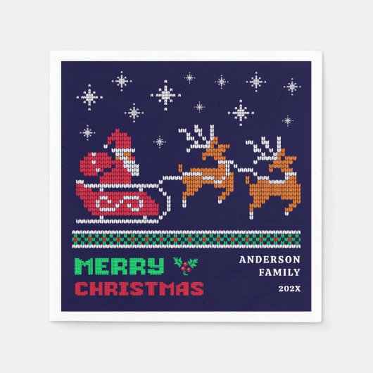 ネイビーブルーメリークリスマスのニットのサンタソリ スタンダードカクテルナプキン (正面)
