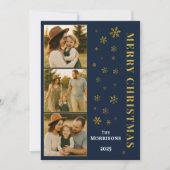 ネイビーブルーメリークリスマスファミリーフォトスノーフレーク シーズンカード (正面)