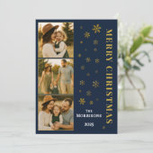 ネイビーブルーメリークリスマスファミリーフォトスノーフレーク シーズンカード (スタンド正面)