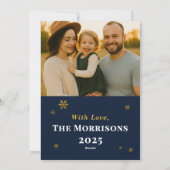 ネイビーブルーメリークリスマスファミリーフォトスノーフレーク シーズンカード (裏面)