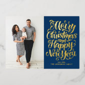 ネイビーブルーメリークリスマス&ハッピーニューイヤー写真 箔シーズンカード (正面)