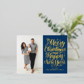 ネイビーブルーメリークリスマス&ハッピーニューイヤー写真 箔シーズンポストカード (立ち正面)