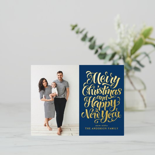 ネイビーブルーメリークリスマス&ハッピーニューイヤー写真 箔シーズンポストカード (立ち正面)