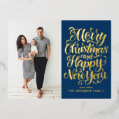 ネイビーブルーメリークリスマス&ハッピーニューイヤー写真 箔シーズンポストカード (正面)