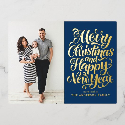 ネイビーブルーメリークリスマス&ハッピーニューイヤー写真 箔シーズンポストカード (正面)