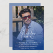 ネイビーブルーメンズ写真第34回誕生日パーティー 招待状 (正面/裏面)