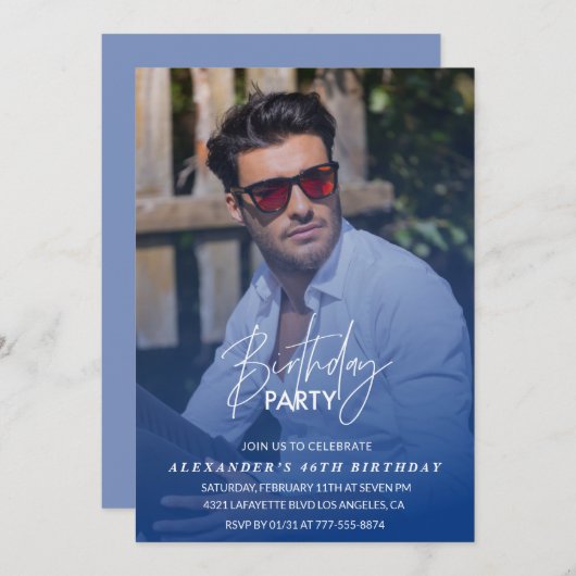 ネイビーブルーメンズ写真第46回誕生日パーティー 招待状 (正面/裏面)