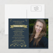 ネイビーブルーモスグリーン写真卒業パーティーカード インビテーションポストカード (正面/裏面)