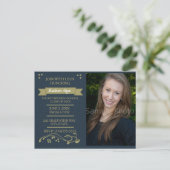 ネイビーブルーモスグリーン写真卒業パーティーカード インビテーションポストカード (スタンド正面)