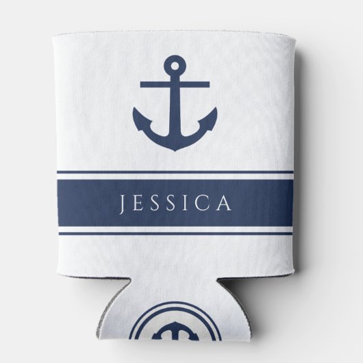 ネイビーブルーモダンいかり航海の名前をカスタムする 缶クーラー (裏面)