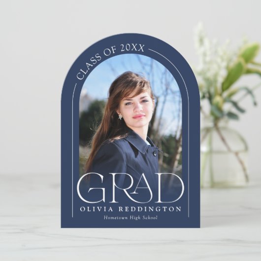 ネイビーブルーモダンアーチ2写真グラッド発表 招待状 (スタンド正面)