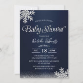ネイビーブルーモダンウィンタースノーフレーク赤ちゃんシャワー 招待状 (正面)