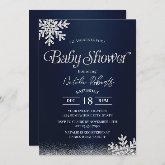 ネイビーブルーモダンウィンタースノーフレーク赤ちゃんシャワー 招待状 (正面/裏面)