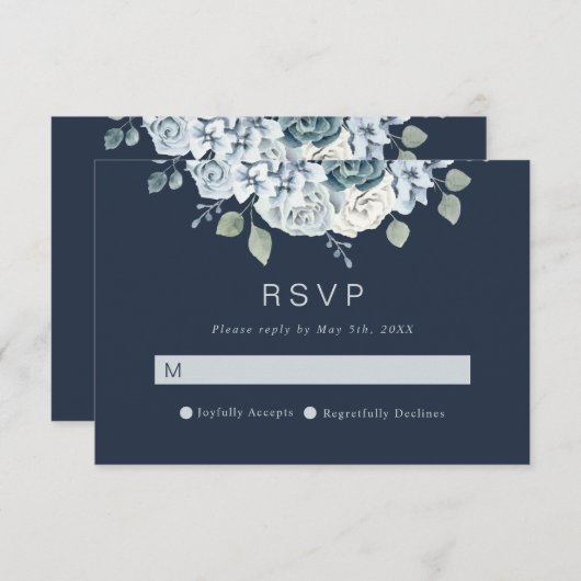 ネイビーブルーモダンウォーター色のフローラ結婚ズ 出欠カード (正面/裏面)
