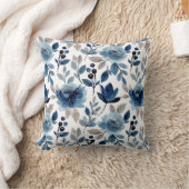 ネイビーブルーモダンウォーター色フローラプリントパターン クッション (ブランケット)