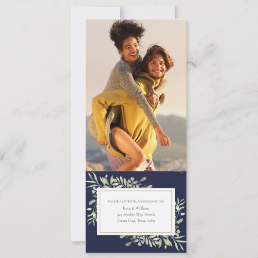 ネイビーブルーモダングリーン全て一つ結婚の写真 招待状 (裏面)