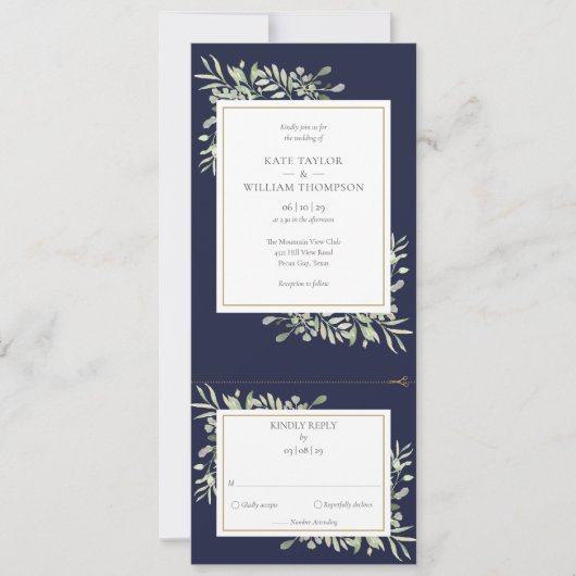 ネイビーブルーモダングリーン全て一つ結婚の写真 招待状 (正面)