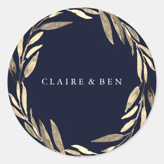 ネイビーブルーモダンゴールデンリーフリース結婚ズ ラウンドシール (正面)