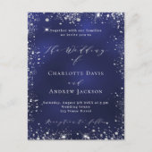 ネイビーブルーモダンシルバー結婚スクリプト インビテーションポストカード (正面)