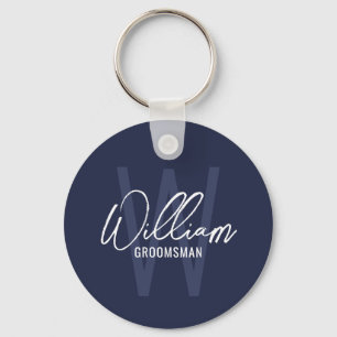 ネイビーブルーモダンスクリプパーソナライズされたトGroomsmen キーホルダー