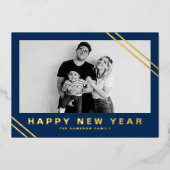 ネイビーブルーモダンストライプズ写真新年おめでとう 箔シーズンカード (正面)