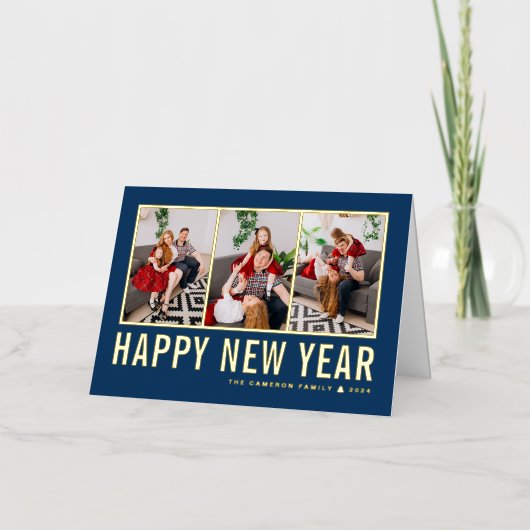 ネイビーブルーモダンタイポグラフィフォトコラージュ新年 箔シーズンカード (正面)