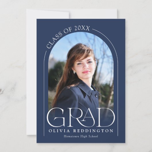 ネイビーブルーモダンタイポグラフィ2フォトアーチグラード 案内状 (正面)