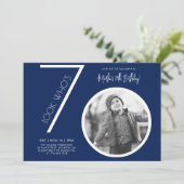 ネイビーブルーモダンフォト70th誕生日招待状 招待状 (スタンド正面)