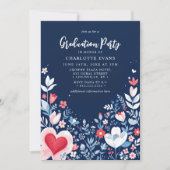 ネイビーブルーモダンフローラナースハート卒業 招待状 (正面)
