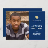 ネイビーブルーモダン卒業式カスタム写真 招待状 (正面/裏面)